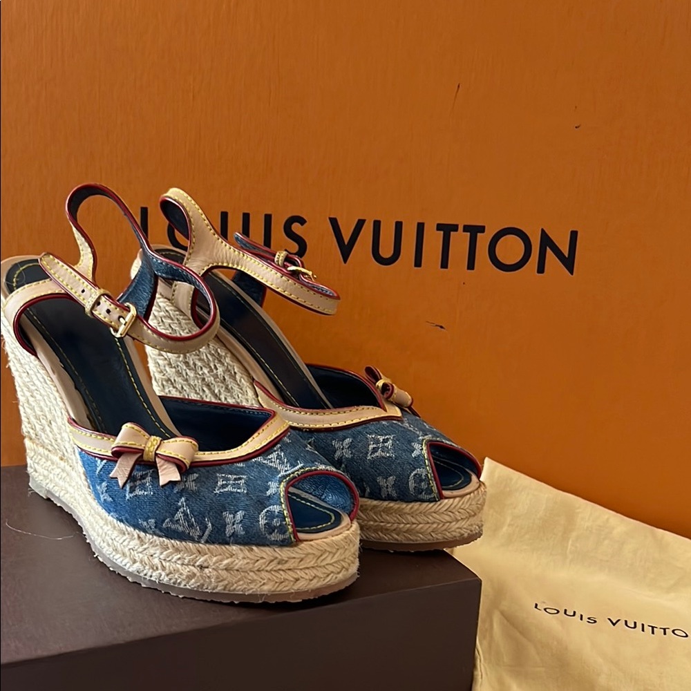 Louis Vuitton Blue Denim Wedges with Espadrille Heel